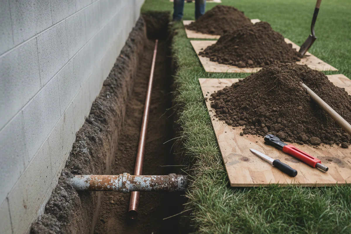 Excavated water line trench during Water Heater Repair in Watchung